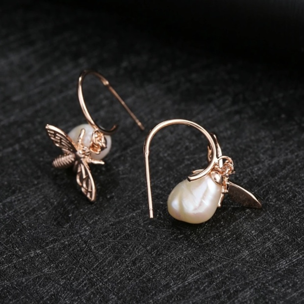 Yellow Gold Pearl Drop Delicate Bee Earrings - Picture 5 of 5